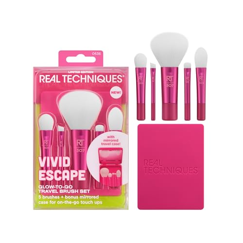 Real Techniques Vivid Escape Glow-To-Go Travel Makeup Brush 6 Piece Set, Mini Size Makeup Brushes for Eyeshadow, Concealer, Contour, & Blush, Includes Mirror Cosmetic Case, Cruelty-Free & Vegan - size: 1 Count (Pack of 6)