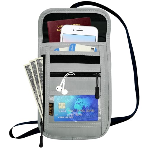 RFID Blocking Travel Neck Wallet Pouch and Passport Holder, Travel Neck Pouch Passport Holder for Women & Men - Gray - color: Grey