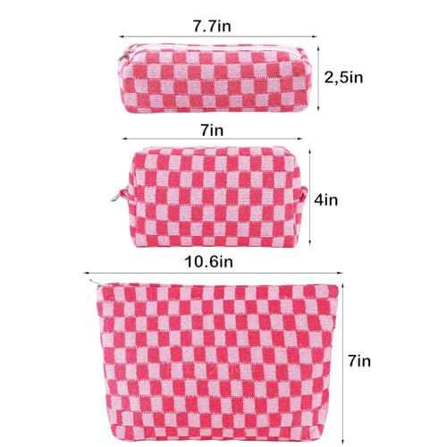 ZLFSRQ 3Pcs Makeup Bag Checkered Cosmetic Bag Set Travel Toiletry Bags for Purse Large Small Makeup Pouch for Women Cute Preppy Pencil Pouch Case Pink Zipper Skincare Bags - color: B-Checkered 3Pcs Mix Pink