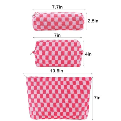 ZLFSRQ 3Pcs Makeup Bag Checkered Cosmetic Bag Set Travel Toiletry Bags for Purse Large Small Makeup Pouch for Women Cute Preppy Pencil Pouch Case Pink Zipper Skincare Bags - color: B-Checkered 3Pcs Mix Pink