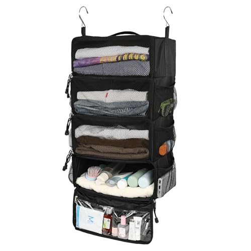 Surblue Travel Hanging Packing Cubes with 2 Hooks Hanging Shelves for Luggage Organizers Portable Compression 4 Shelf Closet Carry-on Suitcases Organizers, Medium, Black - color: Black, size: M: 13.8*7.1*21.7 in