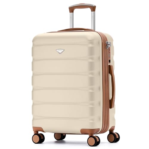 Flight Knight 22x18x10 Expandable Carry On Suitcase Hardside TSA Lock & USB C Port Lightweight Luggage Silent Double Spinner Wheels Maximum Spirit Overhead Carry-On Bag Airlines Approved Cream - color: Cream/Tan, size: 22x18x10"