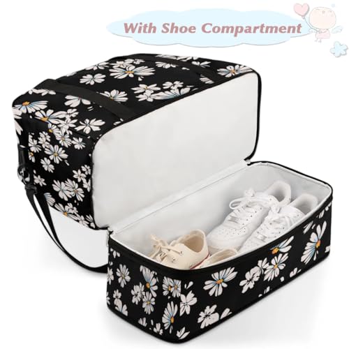 Travel Duffle Bags With Shoes Compartment for Women Men Daisy Flower Floral Black Lightweigh Sports Tote Gym Bag Foldable Canvas Weekender Overnight Carry On Luggage Handle Bag - color: print 2