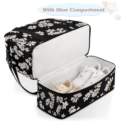 Travel Duffle Bags With Shoes Compartment for Women Men Daisy Flower Floral Black Lightweigh Sports Tote Gym Bag Foldable Canvas Weekender Overnight Carry On Luggage Handle Bag - color: print 2