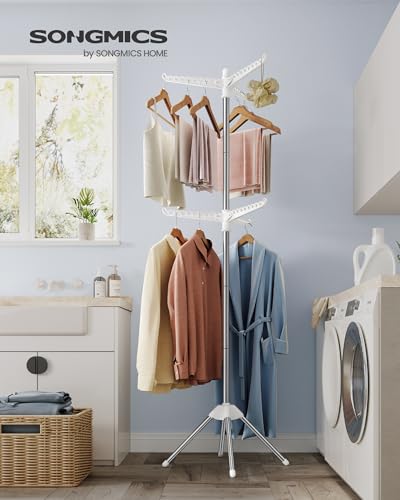 SONGMICS 2-Tier Clothes Drying Rack, 75.2-Inch Folding Laundry Drying Rack with 6 Rotatable Arms for Hangers, Stainless Steel, for 54 Pieces of Clothes, White and Silver ULLR514W01 - color: White + Silver, style: 2-Tier-Hang
