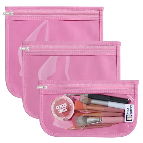 HIONXMGA TSA Approved Toiletry Bag, Set of 3 Clear Travel Toiletry Bag Quart Size Zipper Travel Pouch, Waterproof Makeup Cosmetic Bag for Women Men Kids Toiletries Carry on, Pink - color: Pink, Mixed Sizes