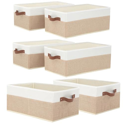 6 Pack Fabric Storage Bins, Large Storage Baskets for Shelves, Foldable Closet Organizer Storage Boxes with Leather Handles for Clothes, Sheets, Jeans, Toys, Books (Beige and White) - style: 6 Pack Beige & White