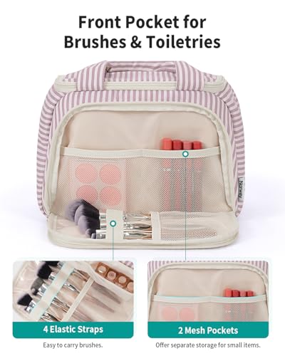 Narwey Striped Travel Toiletry Bag Large Makeup Bag for Women, Wide-open Cosmetic Make Up Organizer with Handle, Travel Bag for Toiletries, Essentials, Accessories (Dusty Pink Stripe) - color: Y-Dusty Pink Stripe