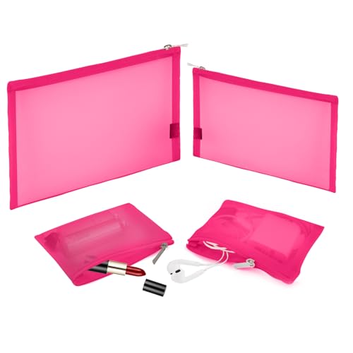 EASYFUN Mesh Pouch, Make up Bag with Zipper Cosmetic Organizer Pouch for Daily or Travel to Keep Small Items, 4 PCS Rose red - color: Rose red