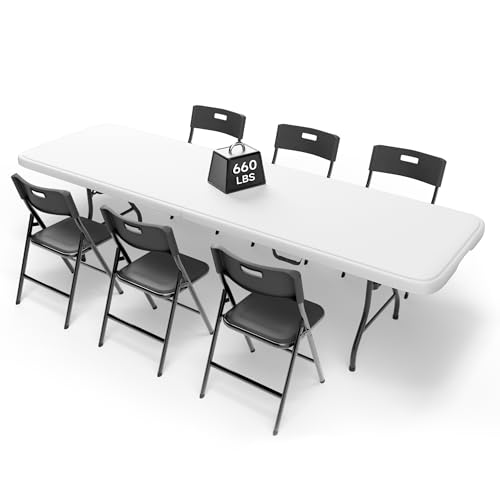8FT Folding Table Set with 6 Chairs – Heavy-Duty 660 lb Table & 330 lb Chairs, Portable Folding Furniture Bundle for Camping, Parties, Indoor & Outdoor Use - color: White Table & Black Chairs, size: 8ft, style: 6 chairs