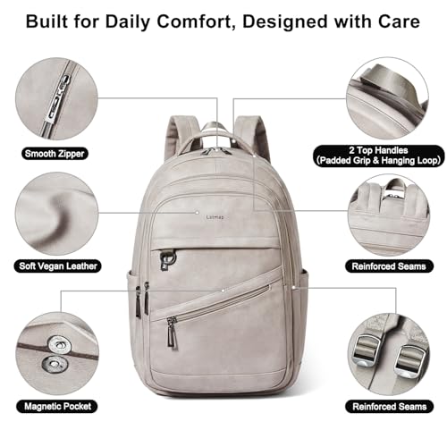 LATMAP Backpack for Women Men - Vegan Leather Backpack Purse Travel Carry-on Bag College Bookbag Work fits 16.5" Laptop,Ash Gray Retro - color: Ash Gray Retro