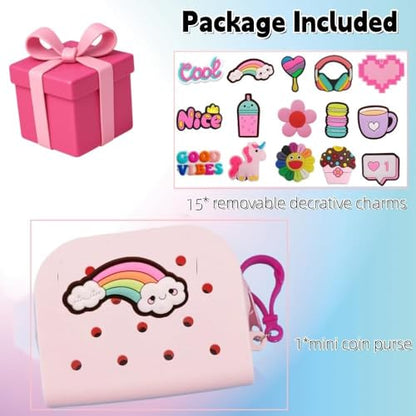Soft Silicone Mini Coin Purse with Zipper and Cartoon Hole,with 15 pcs DIY Charms. Portable Keychain Pouch Organizer (Baby Pink) - color: Baby Pink