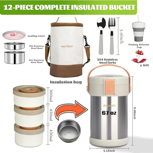 67oz/2L Thermo for Hot Food, 304 Stainless Steel Vacuum Insulated Soup Thermo, Leak-Proof Thermal Lunch Box with 3 Stackable Bento Boxes for Adults Office Travel Camping, Large thermo for hot food - color: stainless steels