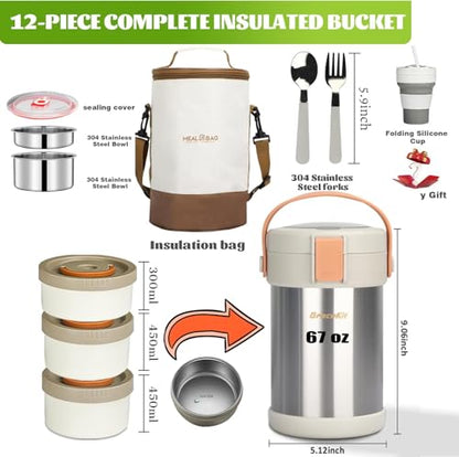 67oz/2L Thermo for Hot Food, 304 Stainless Steel Vacuum Insulated Soup Thermo, Leak-Proof Thermal Lunch Box with 3 Stackable Bento Boxes for Adults Office Travel Camping, Large thermo for hot food - color: stainless steels