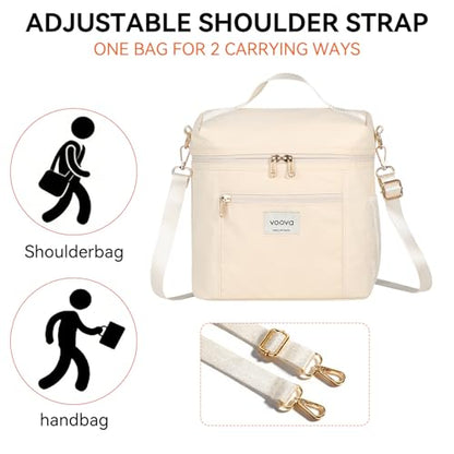 Voova Lunch Bag for Women, Insulated Lunch Box with Shoulder Strap, Adult Reusable Lightweight Nylon Waterproof Lunchbox Lunch bags for Work, Beige - color: Beige