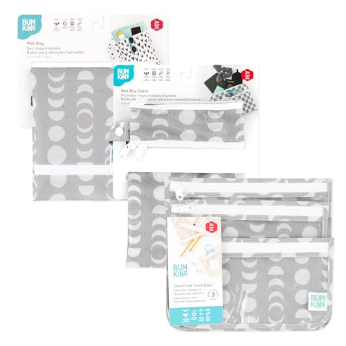 Bumkins - Waterproof Wet Bag, Wet/Dry Clutch & Clear Travel Bags - For Beach, Baby, Travel, Cloth Diapers, Pump Parts, Pool, Gym, Toiletries - Reusable & Easy to Clean - Lunar Gray - 5 Pack - color: A7 Lunar Gray 5pc
