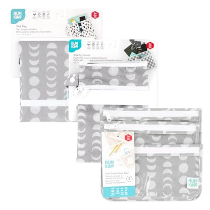 Bumkins - Waterproof Wet Bag, Wet/Dry Clutch & Clear Travel Bags - For Beach, Baby, Travel, Cloth Diapers, Pump Parts, Pool, Gym, Toiletries - Reusable & Easy to Clean - Lunar Gray - 5 Pack - color: A7 Lunar Gray 5pc