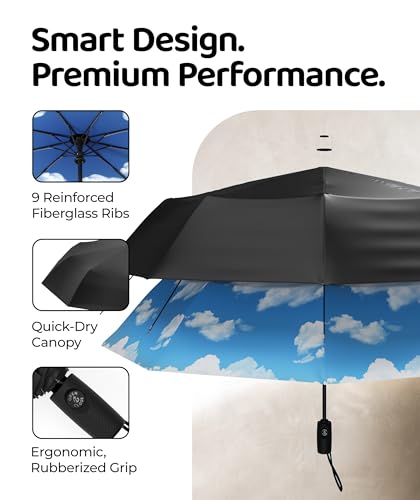 Repel Windproof Travel Umbrella - Compact & Withstands Winds up to 100MPH , Strongest Premium Auto Folding Umbrella for Rain and Sun - Durable, Light & Portable for Women & Men , Fits Backpack & Cars - color: Blue Sky - Travel Umbrella (1 Pack)