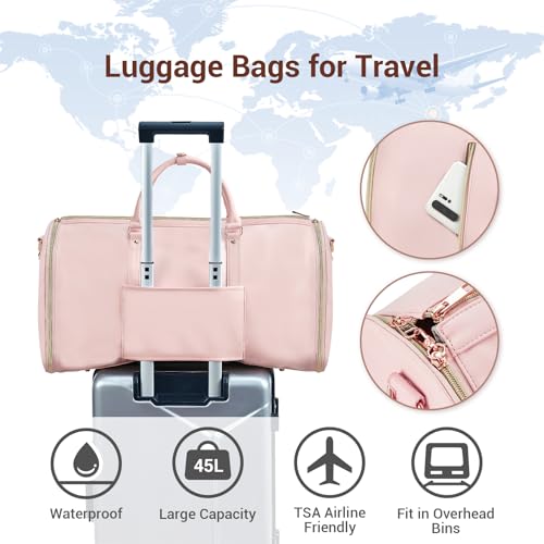 Garment Bags for Travel, Convertible Suit Travel Bag for Women, Stylish Carry On Garment Bag with Toiletry Pocket, Shoulder Strap and Shoes Compartment, 2 in 1 Foldable PU Leather Duffle Bag, Pink - color: Pink