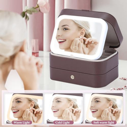 Travel Jewelry Case with LED Makeup Mirror, Portable Travel Jewelry Organizer, 2-Layer Jewelry Box for Earrings Necklace Bracelet Rings, Birthday Gifts for Women Girls (Dark Brown)