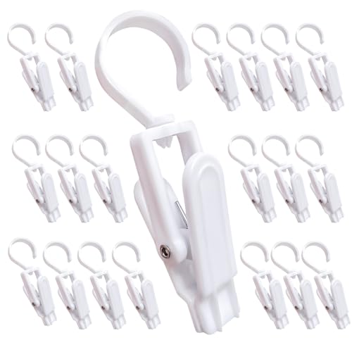 20 Pcs Plastic Swivel Hanging Hooks, Curtain Clips, Clothes Pins, Beach Towel Clips, Home Swivel Laundry Clips for Hats, Pants, Towels, Socks, Pants - color: White+20