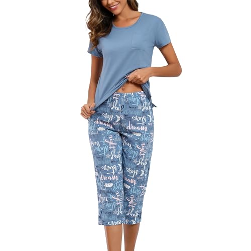 PNAEONG Women Pajama Set Sleepwear Tops with Capri Pants Casual and Fun Prints Pajama Sets - color: C Good Night, size: Large