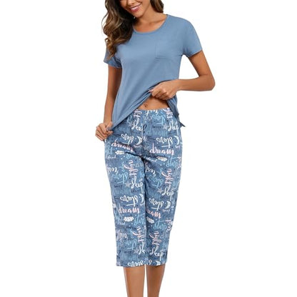 PNAEONG Women Pajama Set Sleepwear Tops with Capri Pants Casual and Fun Prints Pajama Sets - color: C Good Night, size: XX-Large