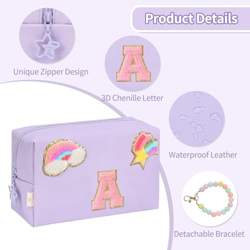 Initial Makeup Bag for Girls, Cute Makeup Bag Small Cosmetic Bag Travel Make Up Organizer Pouch, Birthday Gifts for Girls 4 5 6 7 8 9 10 11 12 13 14 15 Years Old, Teen Girls Gifts Trendy Stuff - color: Purple + Bracelet, style: A