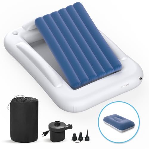 Inflatable Toddler Travel Bed - 60 Inches Portable Toddler Bed for Travel with Safety Sides - Cozy Kids Air Mattress Set with Built-in Electric Pump & Carry Case- Easy to Inflate - Sea Blue - color: Blue