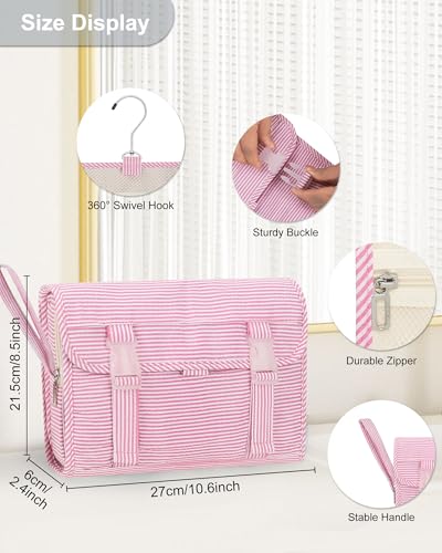 Relavel Hanging Toiletry Bag for Women, Large Makeup Travel Bag with Separate Compartments, Water Resistant Toiletries Bag for Travel Accessories, Portable Bathroom Bag for Trip Camping- Pink Strip - color: 02 Pink Strip, size: Large