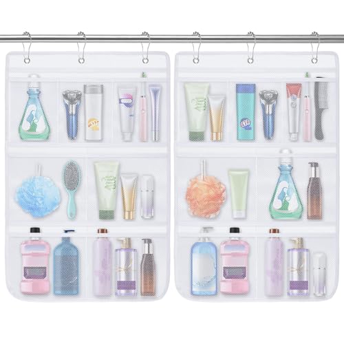 2 Pack Mesh Shower Caddy Hanging Organizer with 7 Pockets, Quick Dry Bathroom Storage Bag, Cruise Cabin and Dorm Essentials for Travel, Toiletry Organizer for Shampoo Soap