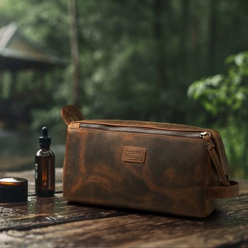 LEATHER VILLAGE Genuine Leather Travel Toiletry Bag - Water-Resistant Dopp Kit for Toiletries, Large Shaving Bag & Bathroom Organizer - Gift for Men & Women - Rustic Brown - color: Rustic Brown