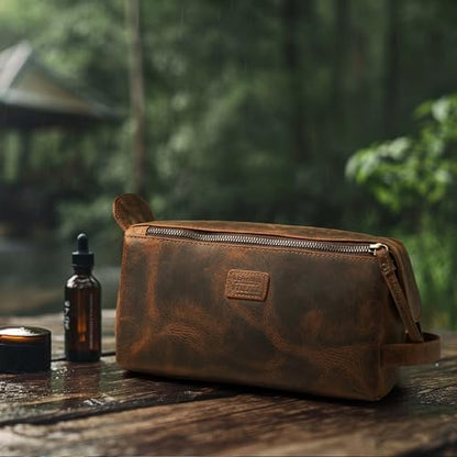 LEATHER VILLAGE Genuine Leather Travel Toiletry Bag - Water-Resistant Dopp Kit for Toiletries, Large Shaving Bag & Bathroom Organizer - Gift for Men & Women - Rustic Brown - color: Rustic Brown