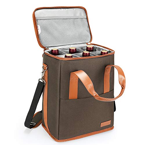 Tirrinia 6 Bottle Wine Gift carrier - Insulated & Padded Wine Carrying Cooler Tote Bag with Handle and Adjustable Shoulder Strap for Travel or Picnic, IDEAL Wine Lover Gift, Brown - color: Brown