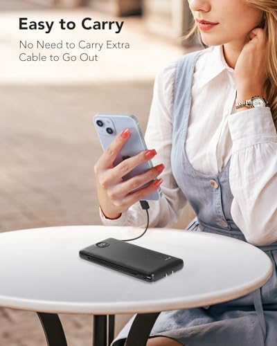 Portable Charger,Power Bank Built-in Cables and AC Wall Plug,VRURC USB C Portable Bank 10000mAh,Travel Essentials Phone Charger Compact Lightweight External Battery Pack for Smart Phones,Tablets-Black - color: Black