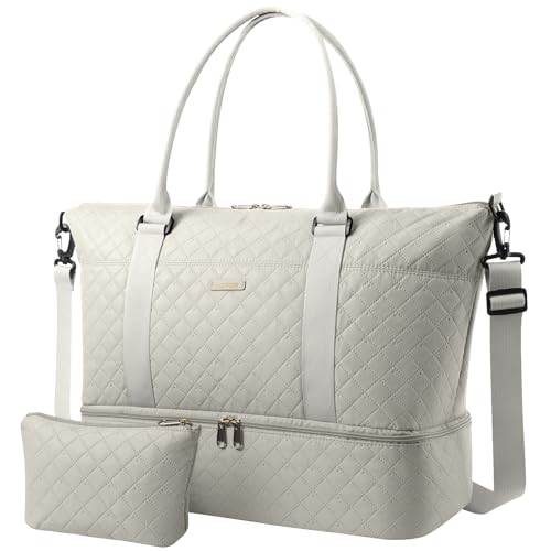 HOTOR Travel Duffel Bag - Weekender Bags for Women, Gym Tote Bags with Shoe Compartment, Carry On Overnight Bag with Toiletry Bag for Travel Essentials and Travel Accessories, Beige, 13.4"×17.3"×7.9" - color: Beige, size: 13.4"×17.3"×7.9"