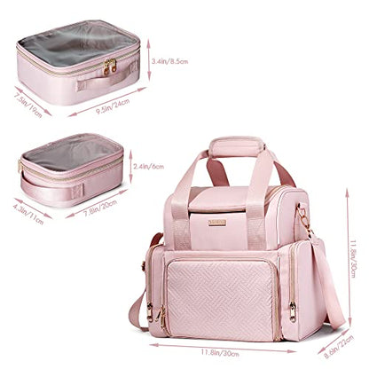 Large Makeup Cosmetic Bag with 3 Removable Case, Double Layer Travel Makeup Organizer Case with Inner Dividers and Makeup Brushes Storage Section, Pink (Patented Design) - color: Pink