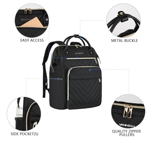 VANKEAN 15.6 Inch Laptop Backpack for Women Fashion Computer Work Bag, Large Capacity Waterproof Backpack, College Daypack Business Travel, Black - color: Quilted Black, size: 15.6 Inch