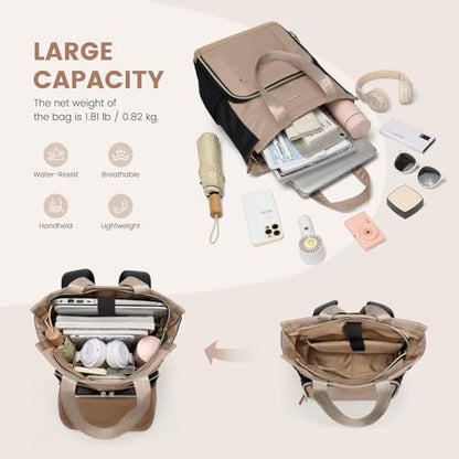 Convertible Daypack Laptop Backpack for Women Men Carry on Tote Backpack Bookbag for College Work Nurse Travel,16Inch,Champagne Brown Black - color: Champagne Brown Black