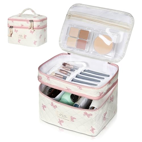 Gosect Makeup Bag, Portable Travel Make up Bag, Large Capacity Quilted Cosmetic Organizer Bag, Cute Floral Toiletry Bag for Women Girls (Pink Bow) - color: Pink Bows
