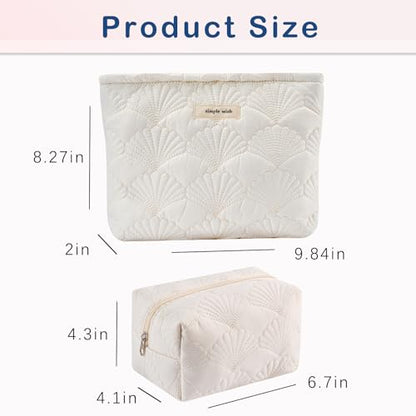 uekeboag 2Pcs White Shells Quilted Cotton Makeup Pouch Set,Coquette Quilted Toiletry Bag for Women and Girls, Floral Coquette Organizer Bag, Aesthetic Travel Cosmetic Bags(2Pcs White Shells) - color: 2Pcs White Shells
