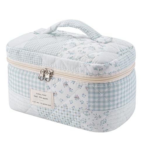 uekeboag Large Travel Quilted Makeup Bag for Women, Floral Cotton Cosmetic Bag, Coquette Aesthetic Floral Toiletry Organizer Bag - color: Blue Patchwork