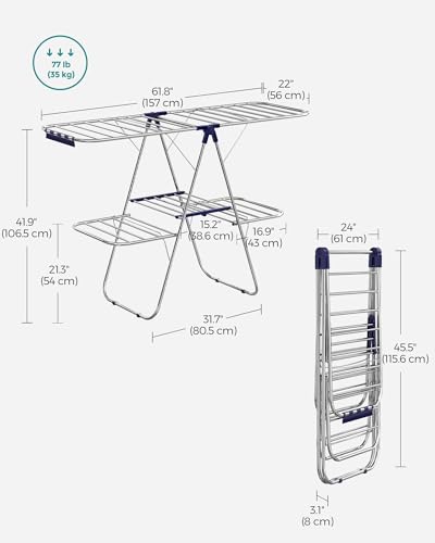 SONGMICS Clothes Drying Rack, Foldable 2-Level Laundry Drying Rack, Free-Standing Laundry Airer, with Height-Adjustable Wings, 33 Drying Rails, Sock Clips, Silver and Blue ULLR53BUV1 - color: Silver + Blue, size: 2 Tiers（22"d x 61.8"w x 64.3''h )