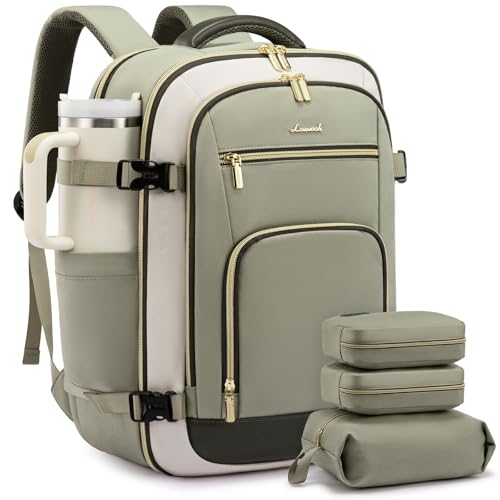 LOVEVOOK Travel Backpack For Women Flight Approved, 50L Large Carry On Backpack, Personal Item Travel Bag for Airplanes, Business 18 Inch Laptop Backpack, Weekender Overnight Daypack, With 3 Cubes - color: Olive Green-beige-dark Olive Green, size: 50l-18