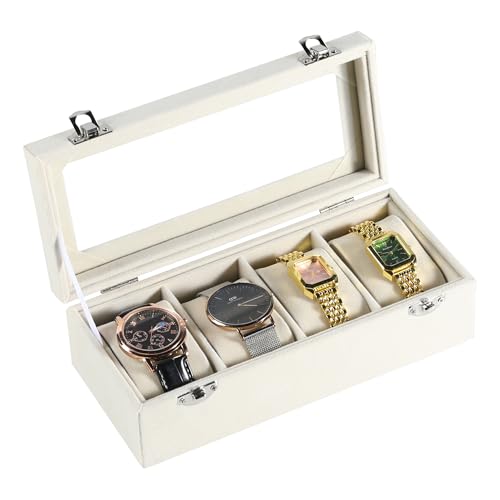 Frebeauty 4-Slot Watch Box,Velvet Watch Case with Glass Lid,Watch Organizer Box for Men and Women,Lockable Watch Storage,Watch Display Case,Ideal Gift(Beige) - color: Beige, size: 4 Slots
