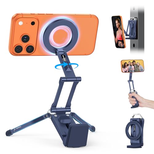 OMOTON TP02 360°Rotating for MagSafe Tripod Mount, Adjustable Aluminum Magnetic Phone Tripod for iPhone 17/16/15/14 Pro Max Air, Foldable Cell Phone Stand Fits Vlog, Gym, Travel Essentials, Navy Blue - color: 3-Navy Blue