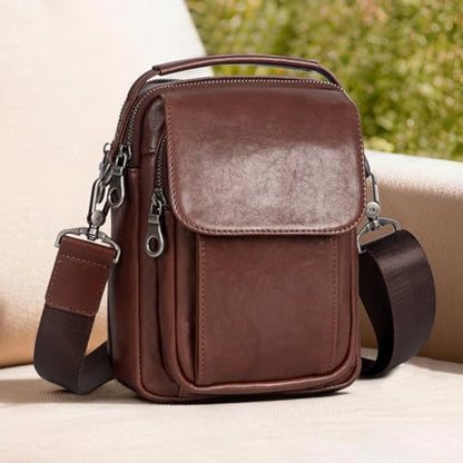Augus Leather Small Messenger Bag For Men Crossbody Handbag Shoulder Sling Travel Bags for Men Purse Daypack Magnetic Buckle - color: Coffee-1