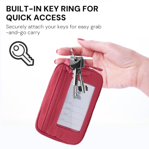 Small Nylon Wristlet Wallet for Women Minimalist Zip Keychain Coin Purse Card Case with Clear ID Window Water-Resistant Pouch - color: Raspberry