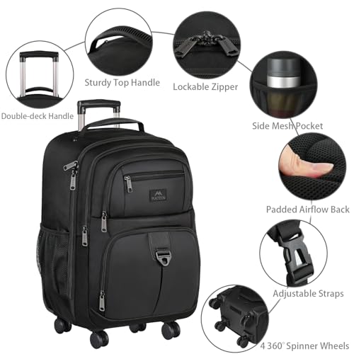 MATEIN Rolling Backpack with 4 Wheels, 17 inch Water Resisatnt Roller Spinner Backpack for Men, Large Busines Travel Wheeled Bag, Airline Approved Carry on Luggage Suitcase Bag, Black - color: Black, size: 17 inch