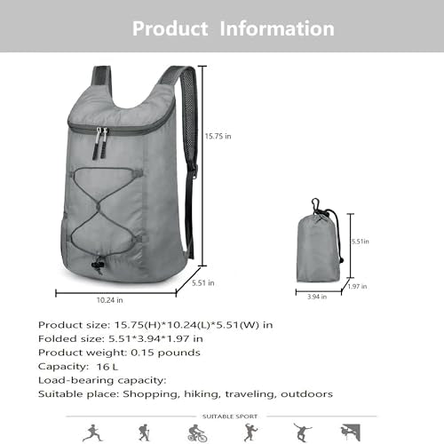 levayhill 16L Foldable Hiking Backpack,Small Packable Daypack, Gray | Lightweight ,Outdoor Collapsible Rucksack,Ultralight Folding Back Pack, Water Repellent, Men Women Travel Gym, Easy Carry-on - color: Gray